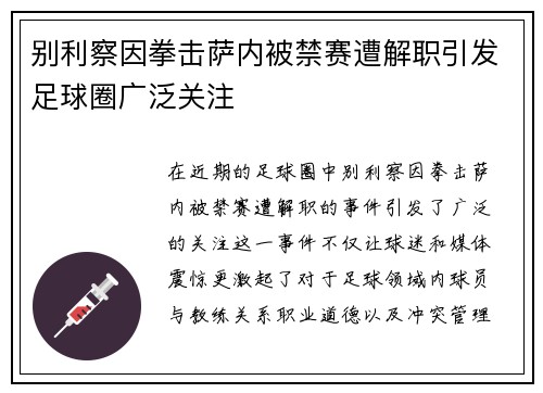 别利察因拳击萨内被禁赛遭解职引发足球圈广泛关注