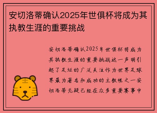 安切洛蒂确认2025年世俱杯将成为其执教生涯的重要挑战